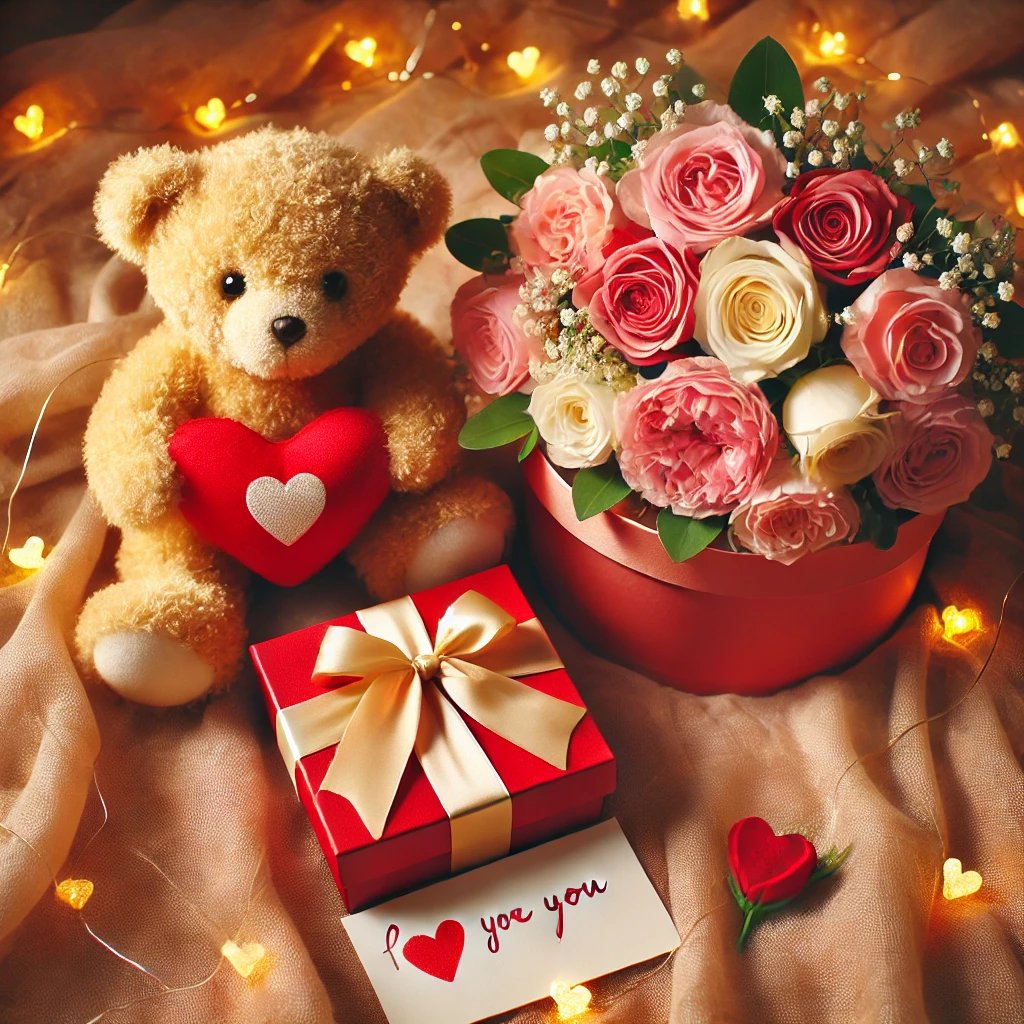 Plush teddy bear sitting beside a bouquet of red roses and a wrapped gift box